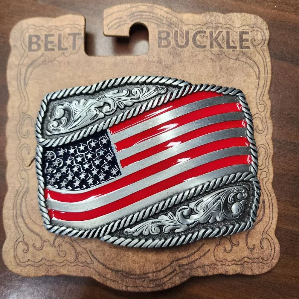 Men's Women's Unisex Patriotic American Flag Silver Tone Western Belt Buckle NWT